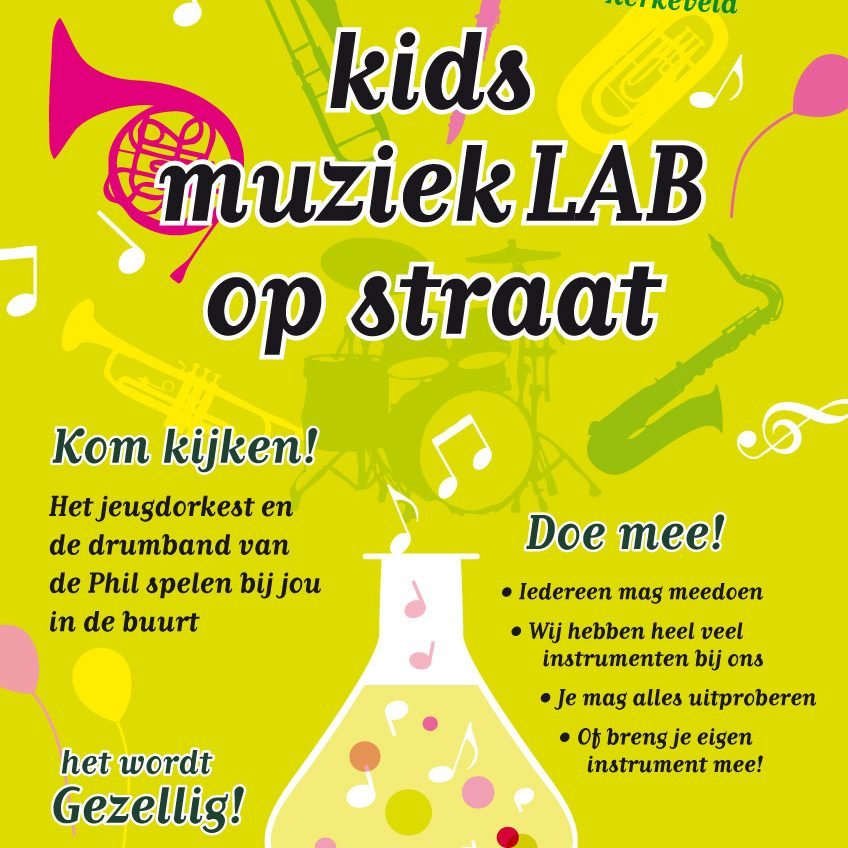 poster en flyer voor het kids muzieklab op straat van de philharmonie bocholtz jeugdorkest