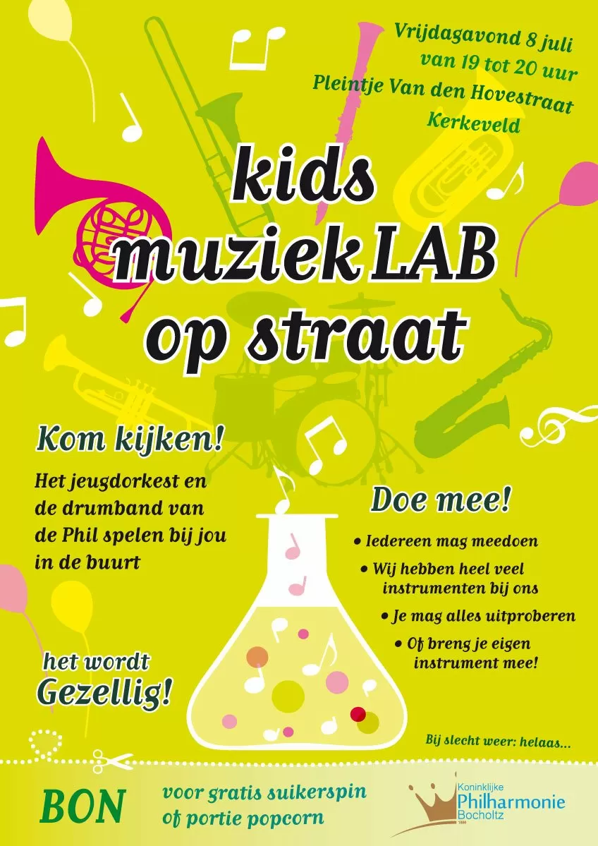 poster en flyer voor het kids muzieklab op straat van de philharmonie bocholtz jeugdorkest