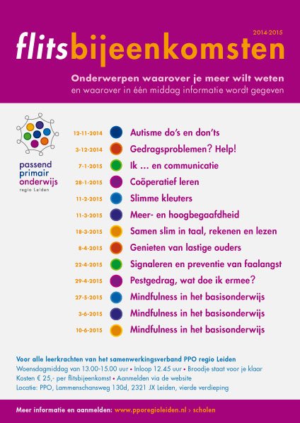 Flitsbijeenkomsten-poster voor het samenwerkingsverband Passend Primair Onderwijs regio Leiden
