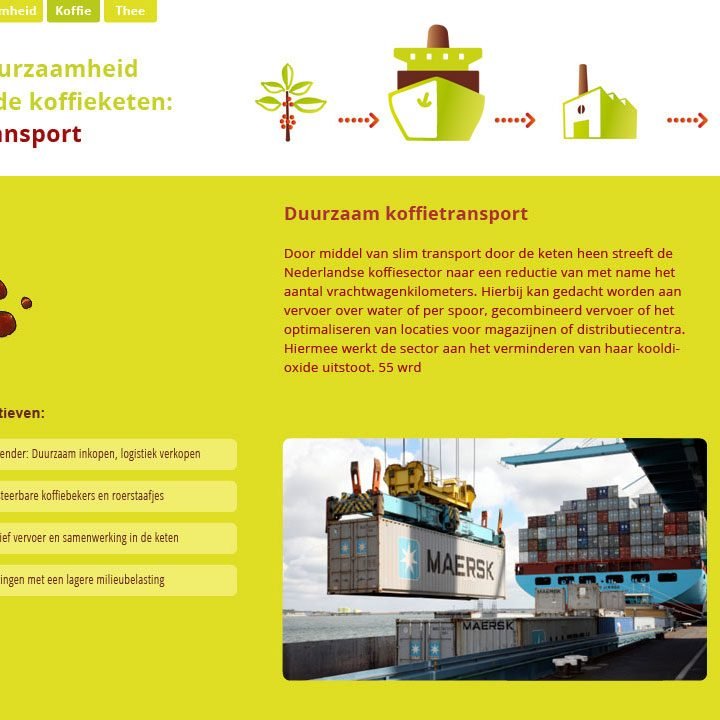illustraties van de koffieketen (oorsprong, transport, productie, consumptie) toegepast op een website voor de knvkt