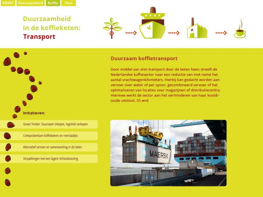 illustraties van de koffieketen (oorsprong, transport, productie, consumptie) toegepast op een website voor de knvkt